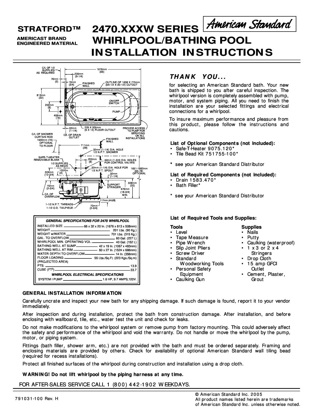 American Standard 2470.XXXW installation instructions Xxxw Series Whirlpool/Bathing Pool, Installation Instructions, Tools 