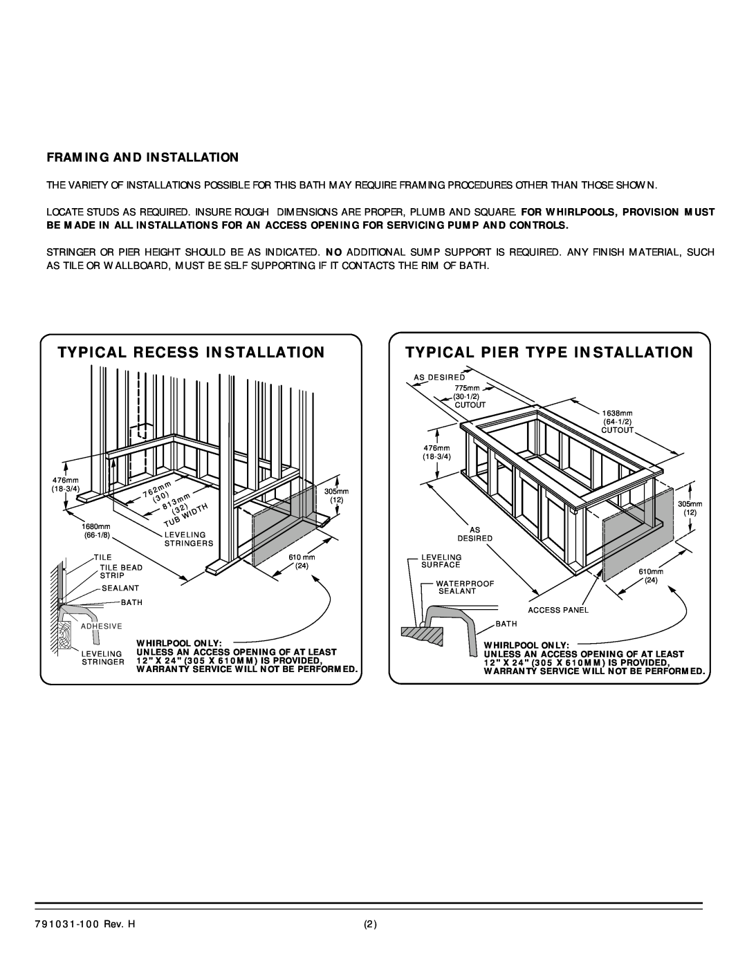 American Standard 2470.XXXW Typical Recess Installation, Typical Pier Type Installation, Framing And Installation 