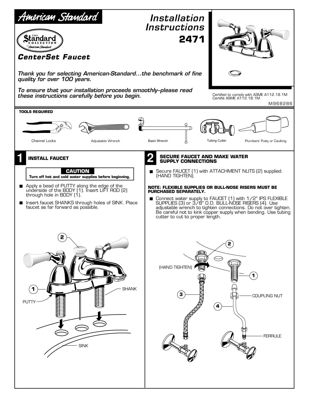 American Standard 2471 installation instructions Install Faucet, Secure Faucet and Make Water, Supply Connections 