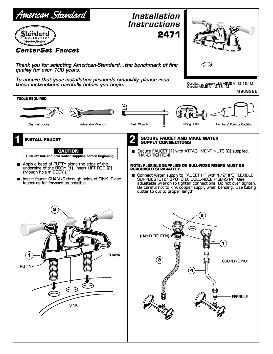 American Standard 2471 installation instructions CenterSet Faucet, Installation Instructions 