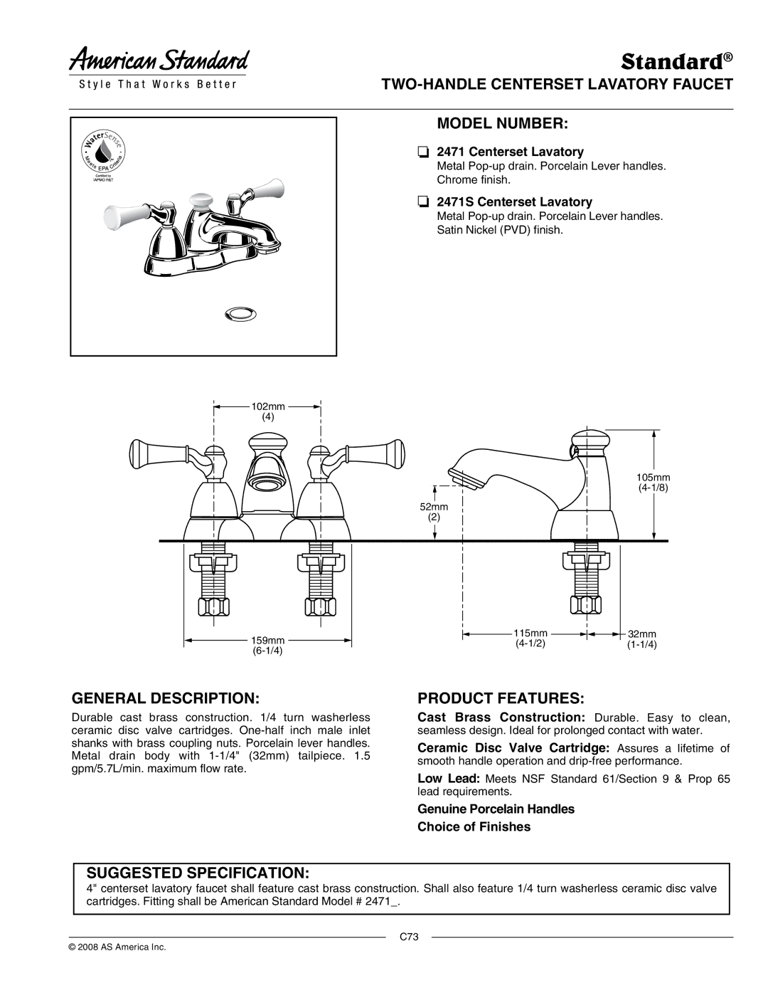 American Standard 2471S manual Standard, TWO-HANDLE Centerset Lavatory Faucet Model Number, General Description 