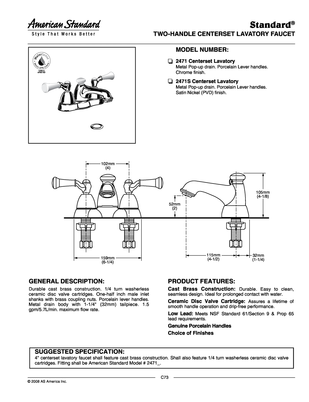 American Standard 2471S manual Standard, Two-Handlecenterset Lavatory Faucet Model Number, General Description 