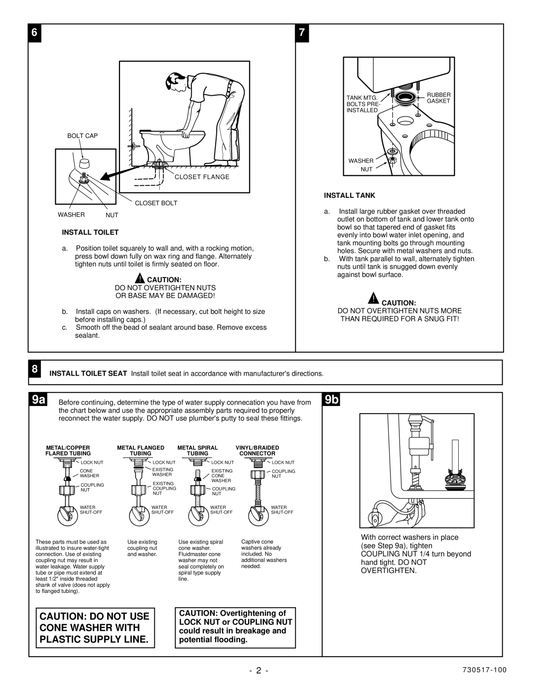 American Standard 2474 Install Toilet, Do not Overtighten Nuts Or Base MAY be Damaged, Install Tank 