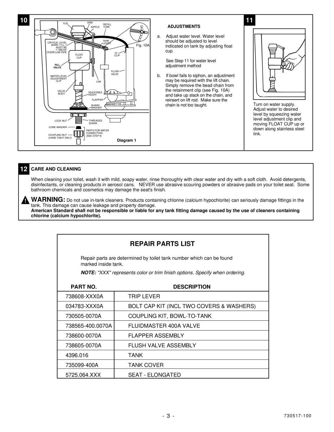 American Standard 2474 installation instructions Repair Parts List, Adjustments, Care and Cleaning 