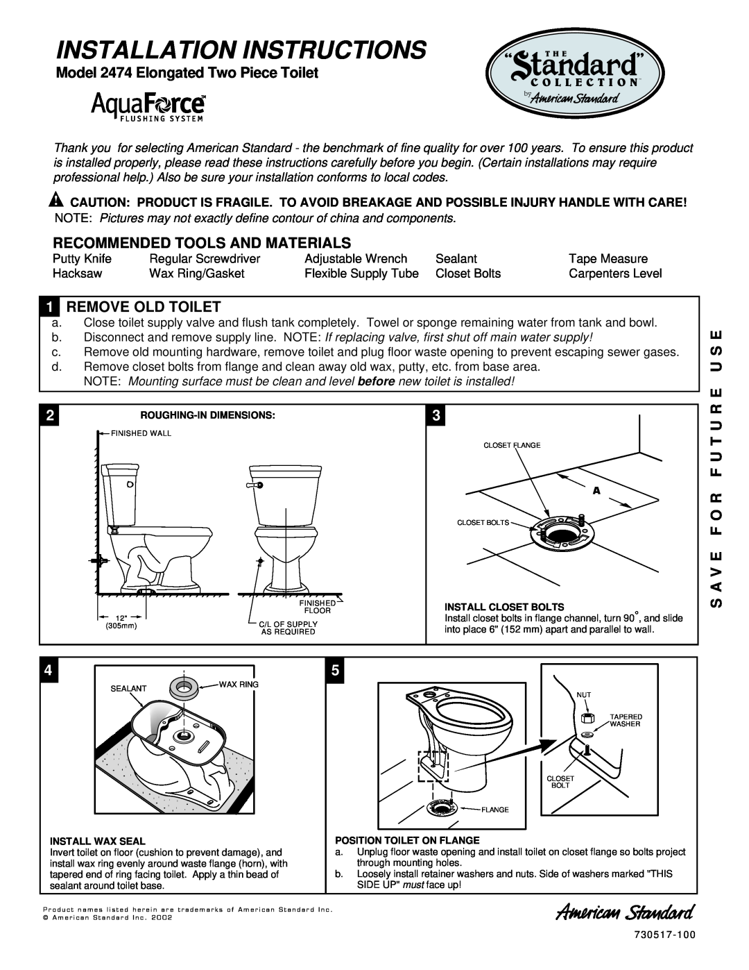 American Standard installation instructions Model 2474 Elongated Two Piece Toilet, Recommended Tools And Materials 