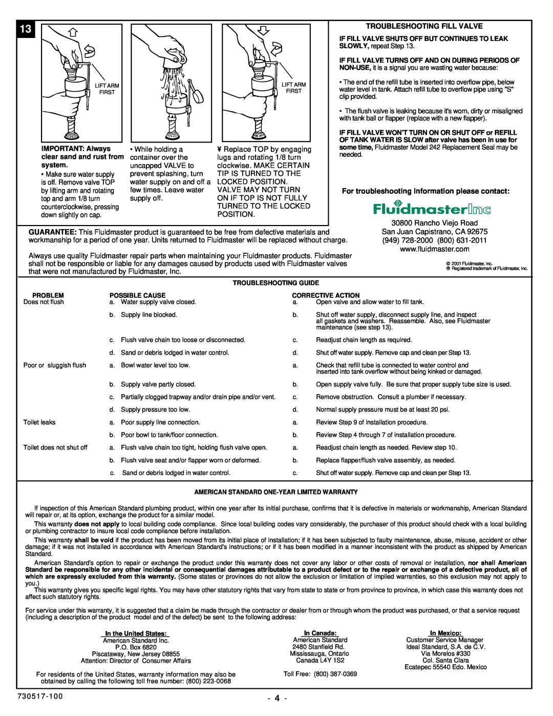 American Standard 2474 installation instructions Troubleshooting Fill Valve, For troubleshooting information please contact 