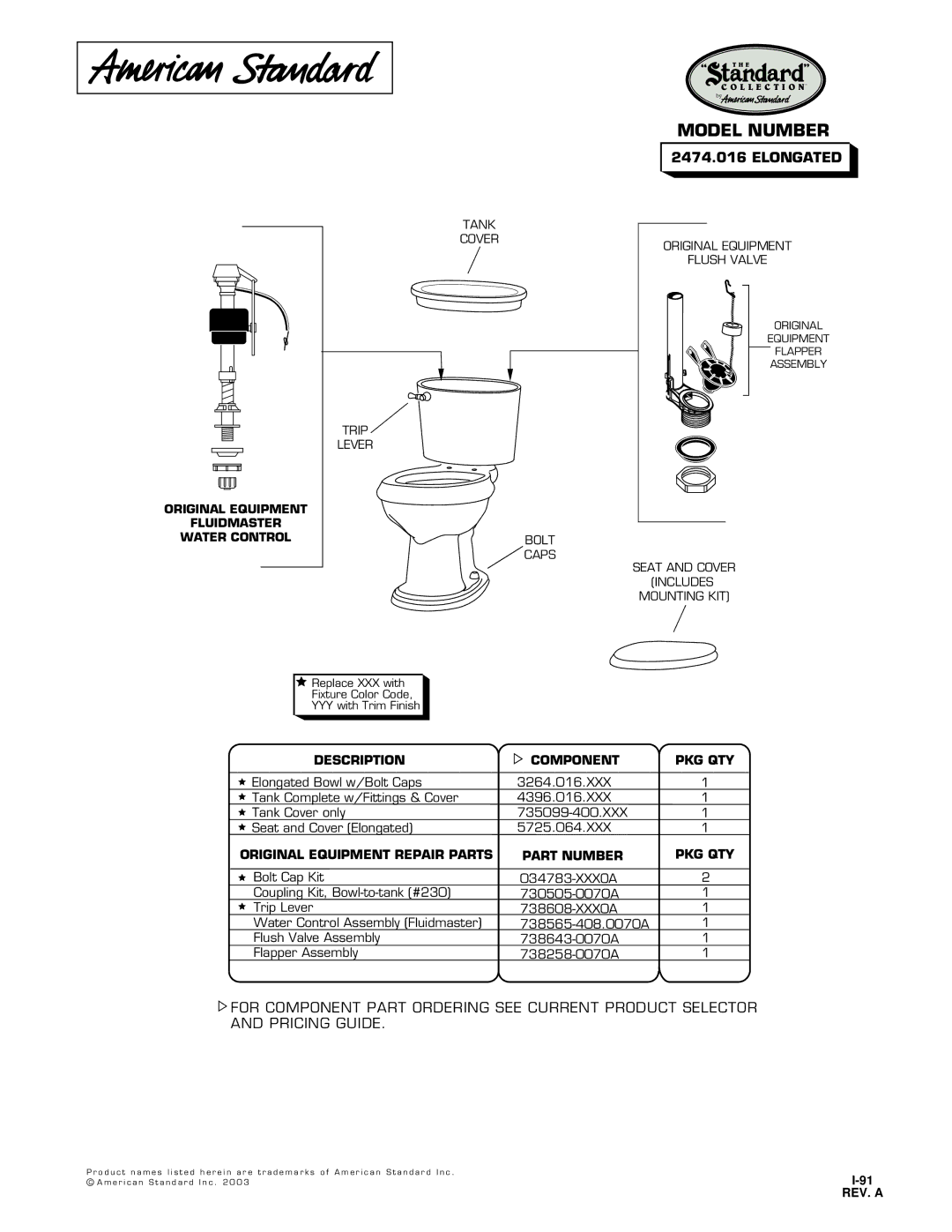 American Standard 2474.016 manual Model Number, Elongated, Description Component PKG QTY 