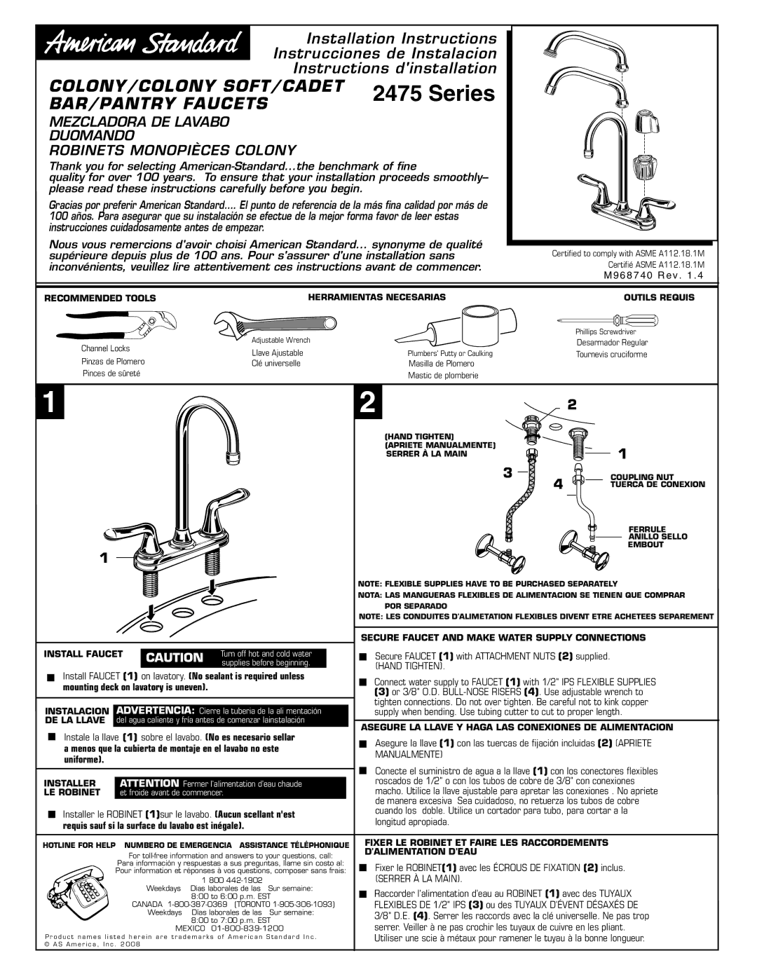 American Standard Colony/Colony Soft/Cadet Bar/Pantry Faucets, 2475 installation instructions Recommended Tools 