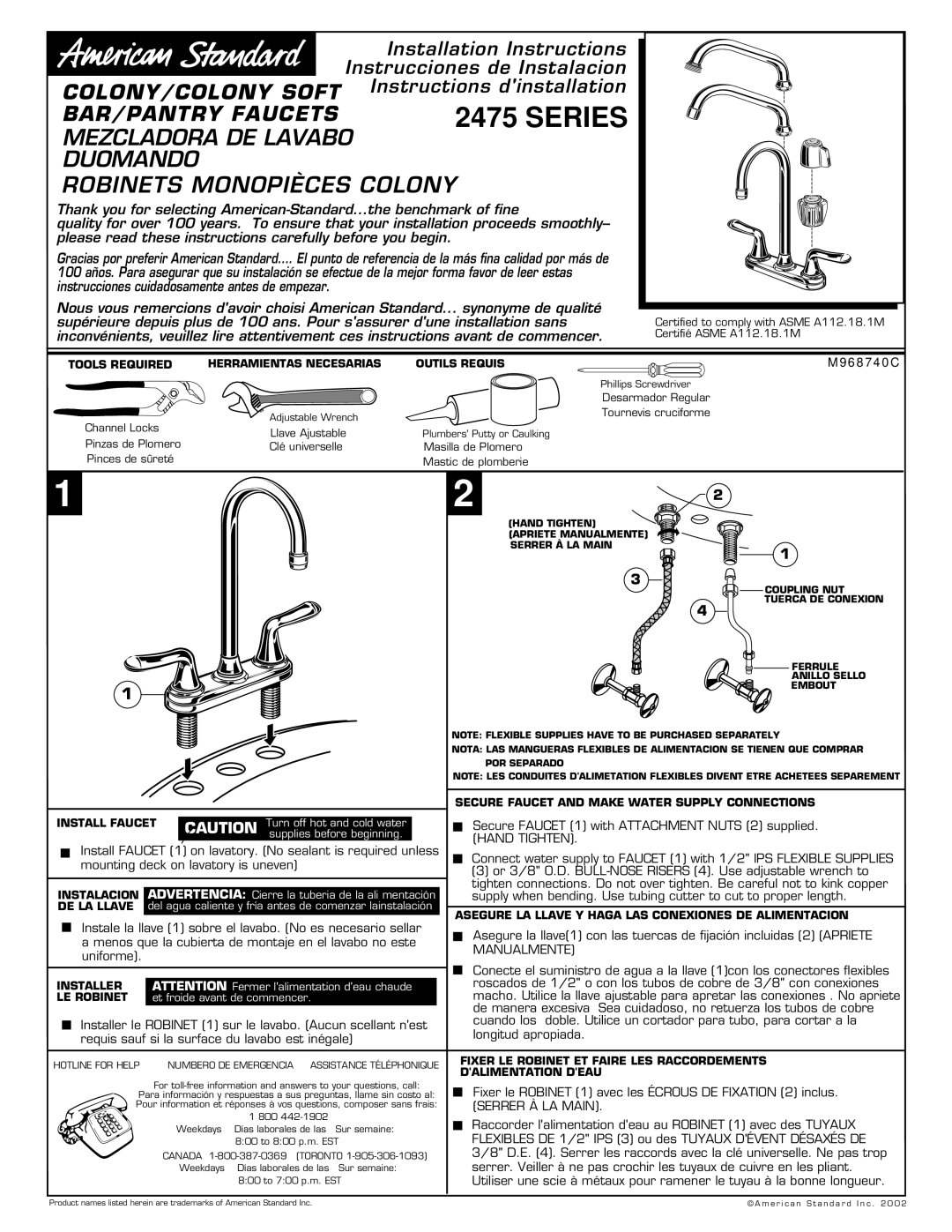 American Standard 2475 Series installation instructions Tools Required, Secure Faucet and Make Water Supply Connections 