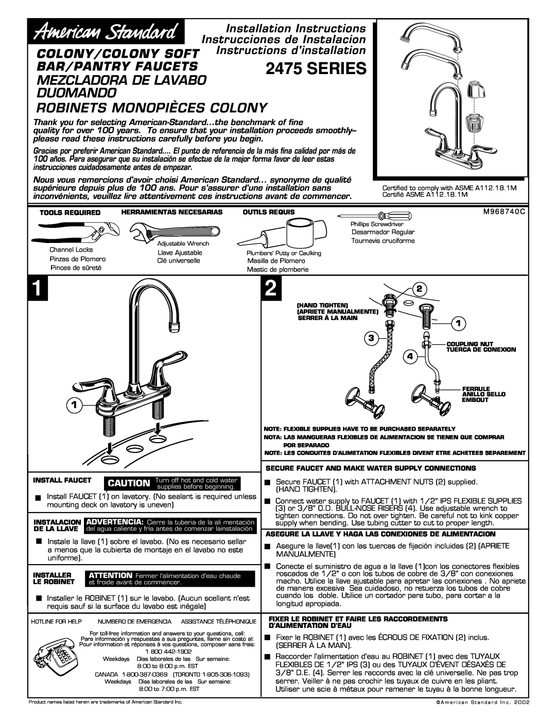 American Standard 2475 Series installation instructions Mezcladora De Lavabo Duomando, Robinets Monopièces Colony 