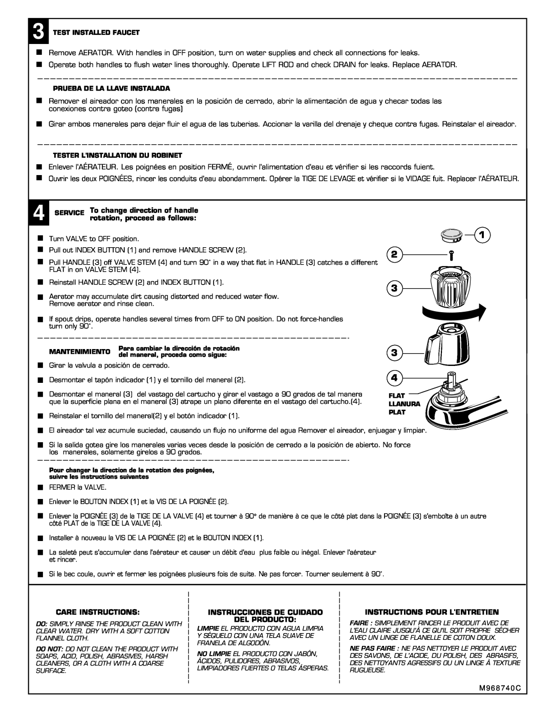 American Standard 2475 Series rotation, proceed as follows, Care Instructions, Instrucciones De Cuidado Del Producto 