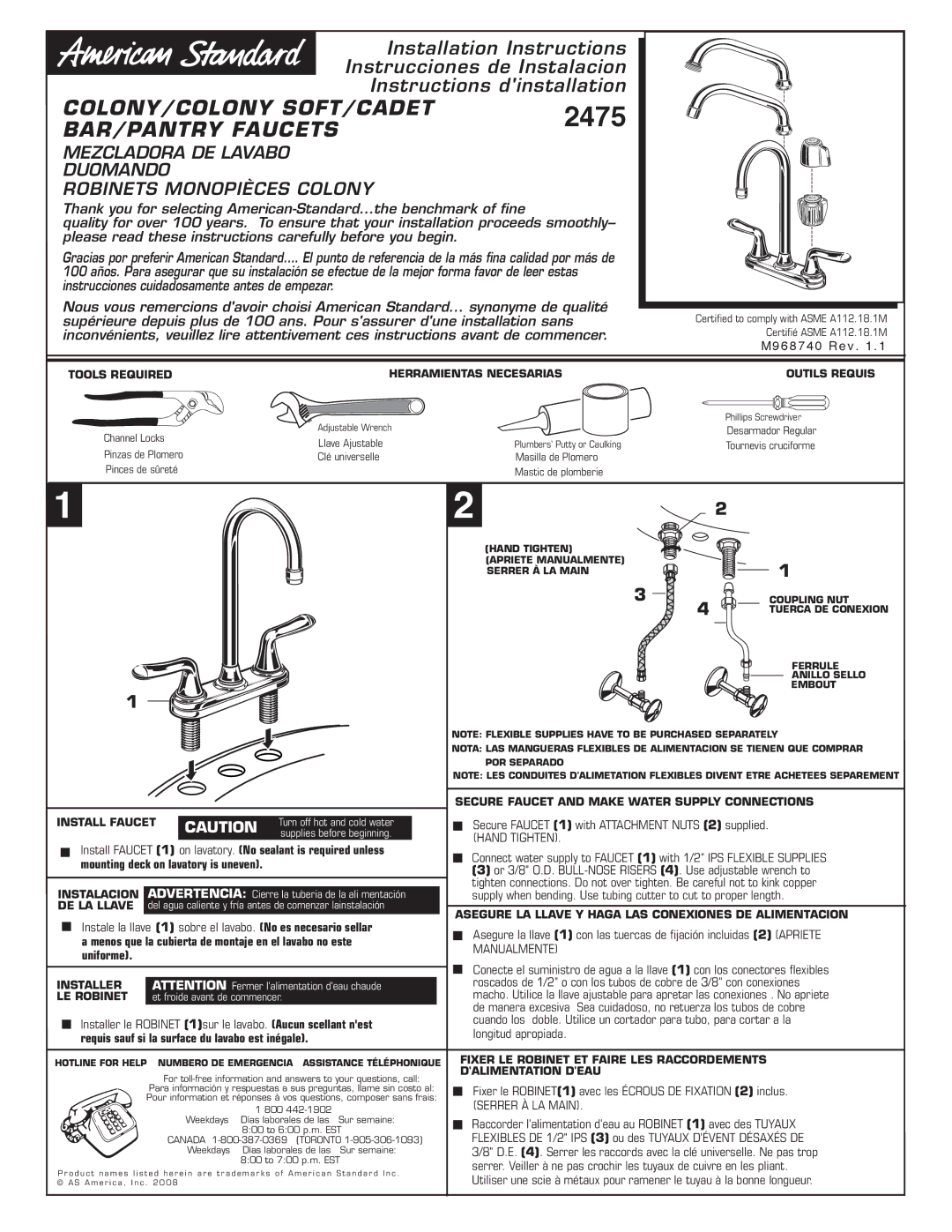 American Standard 2475 installation instructions Tools Required, Install Faucet 