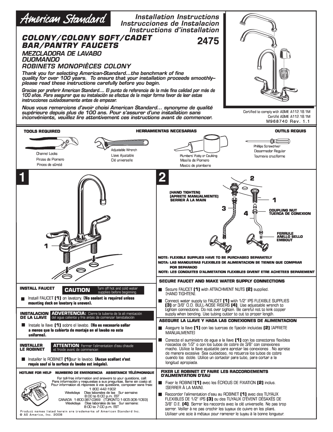 American Standard 2475 installation instructions Colony/Colony Soft/Cadet, Bar/Pantry Faucets, Installation Instructions 