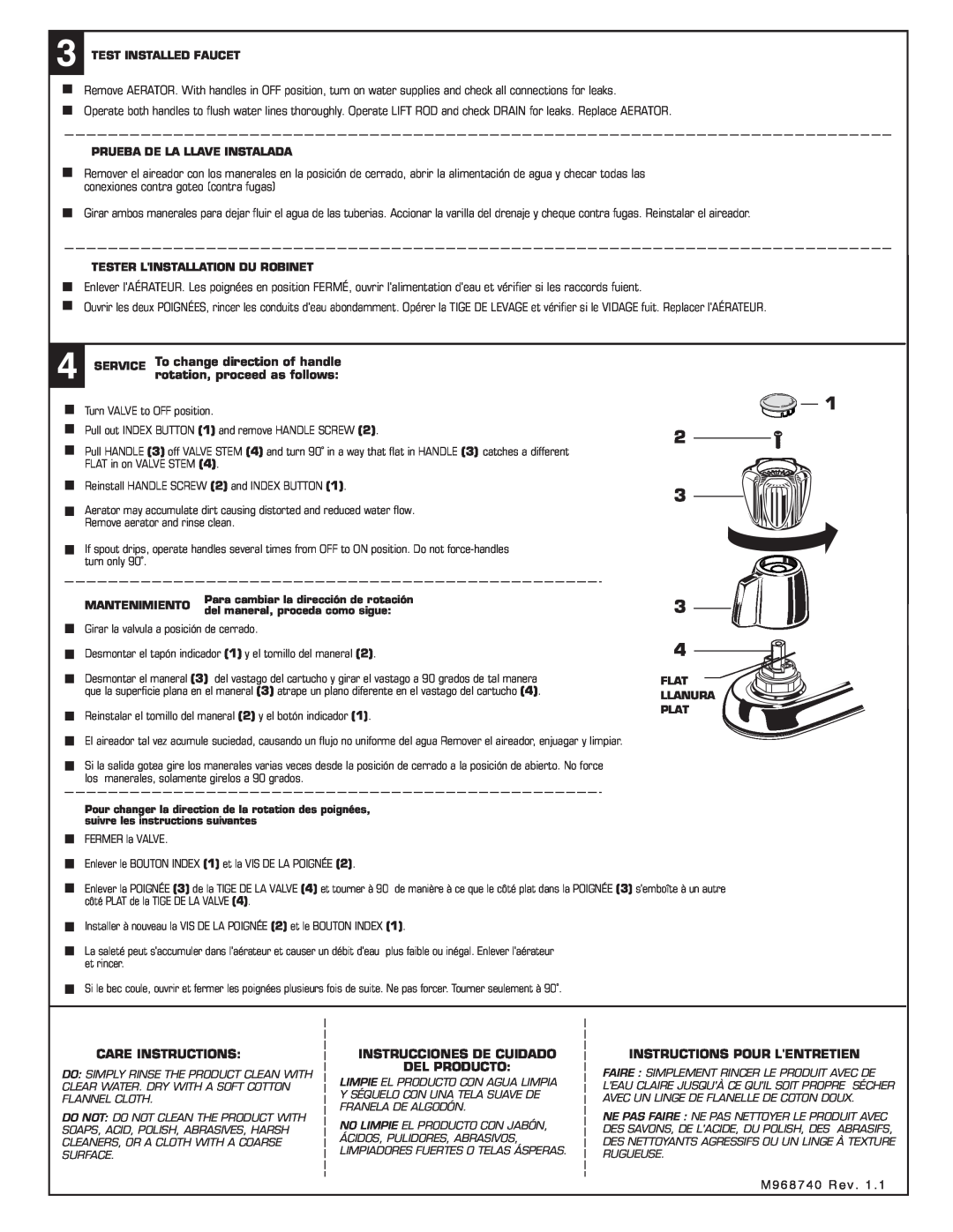 American Standard 2475 rotation, proceed as follows, Care Instructions, Instrucciones De Cuidado Del Producto 