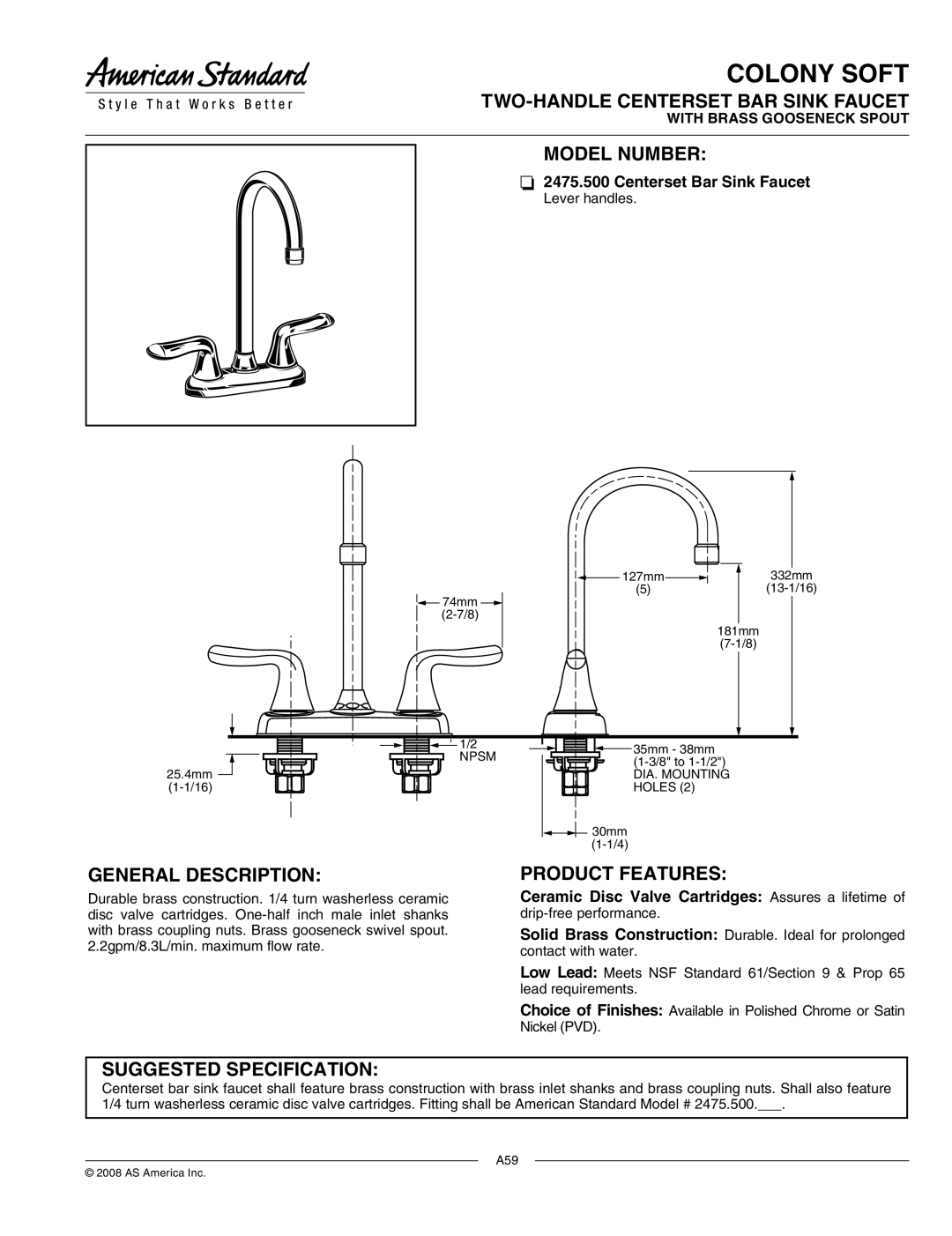 American Standard 2475.500 manual Colony Soft, TWO-HANDLE Centerset BAR Sink Faucet, Model Number, General Description 