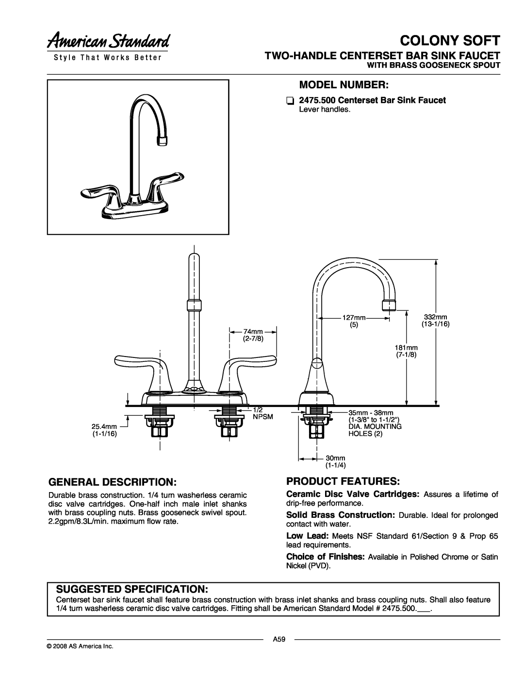 American Standard 2475.500 manual Colony Soft, Centerset Bar Sink Faucet, With Brass Gooseneck Spout, Model Number 