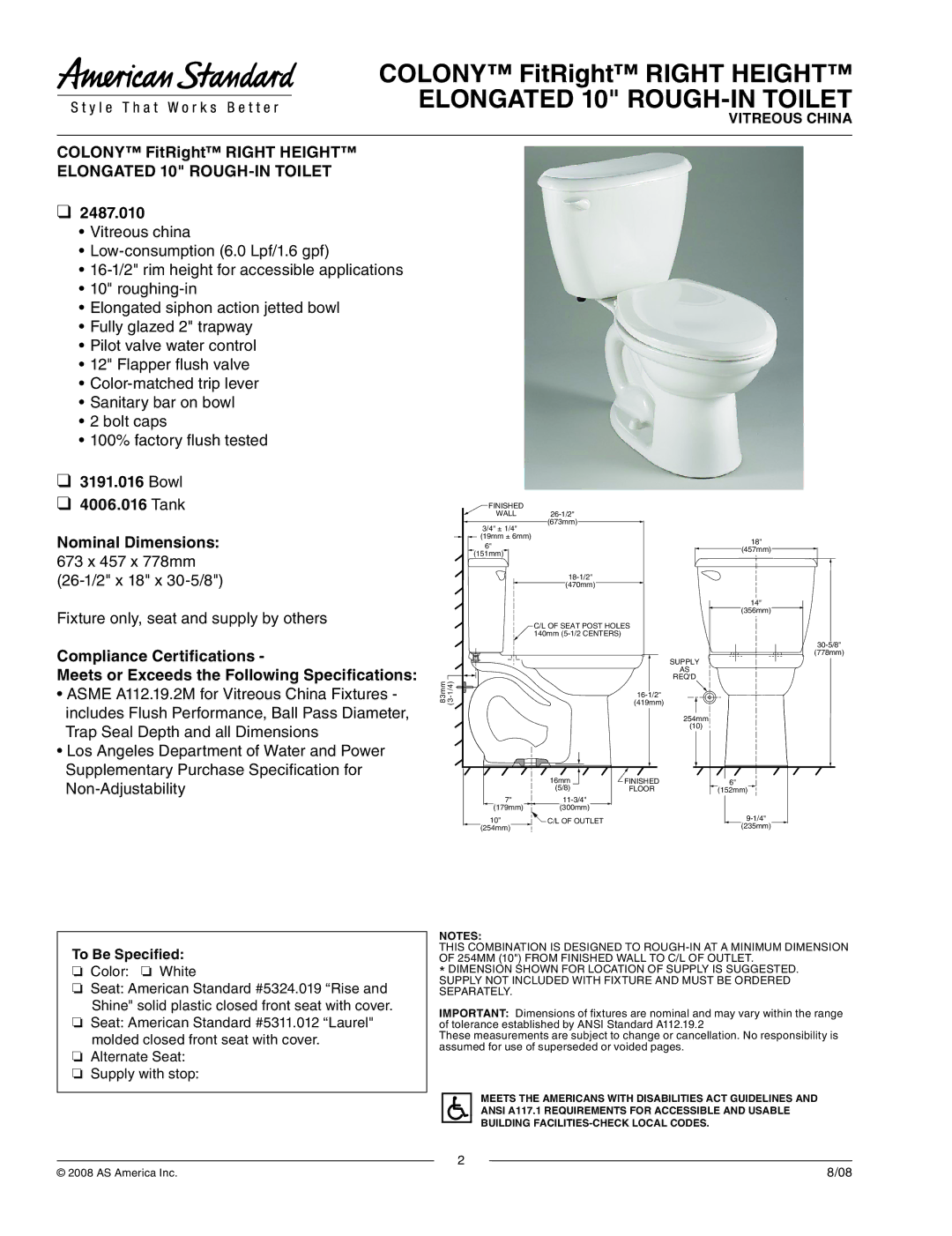 American Standard 2487.010 dimensions Elongated 10 ROUGH-IN Toilet 