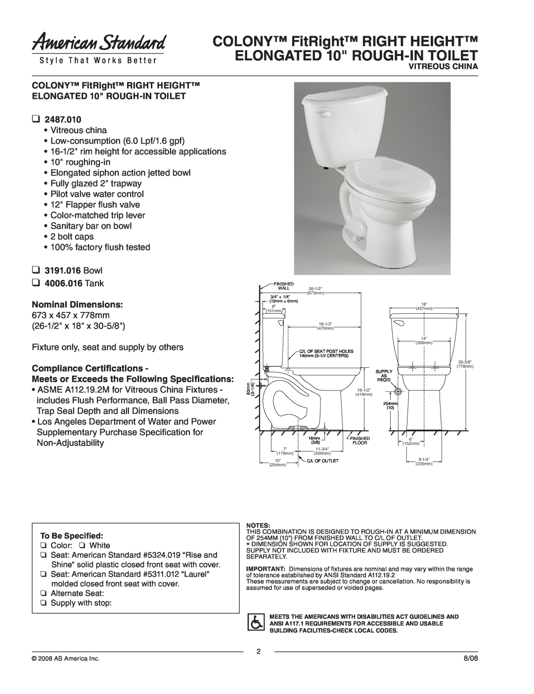 American Standard 2487.010 dimensions COLONY FitRight RIGHT HEIGHT, ELONGATED 10 ROUGH-INTOILET, Bowl, Tank 