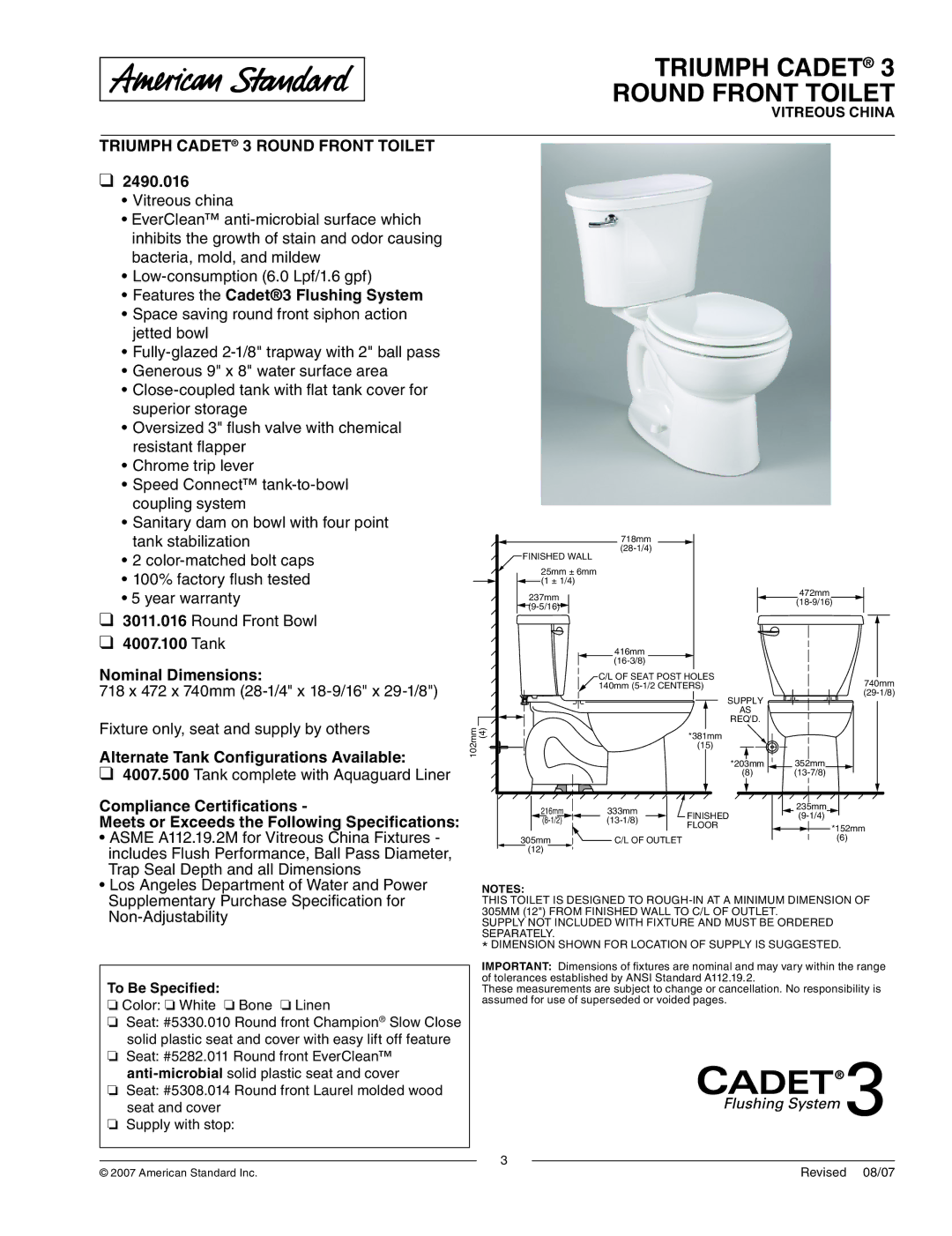 American Standard 2490.016 dimensions Triumph Cadet Round Front Toilet, Triumph Cadet 3 Round Front Toilet 