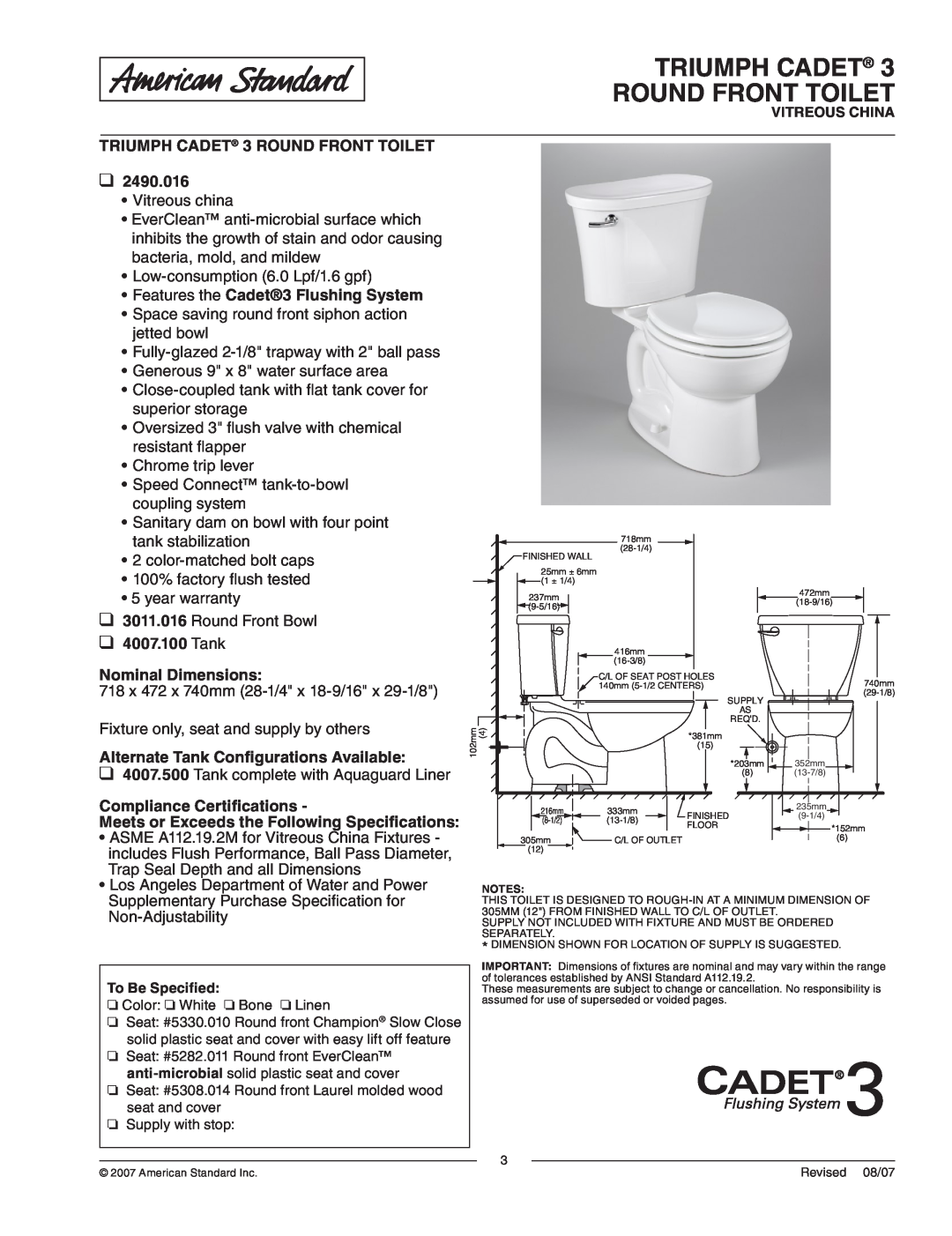American Standard 2490.016 dimensions Triumph Cadet Round Front Toilet, TRIUMPH CADET 3 ROUND FRONT TOILET 