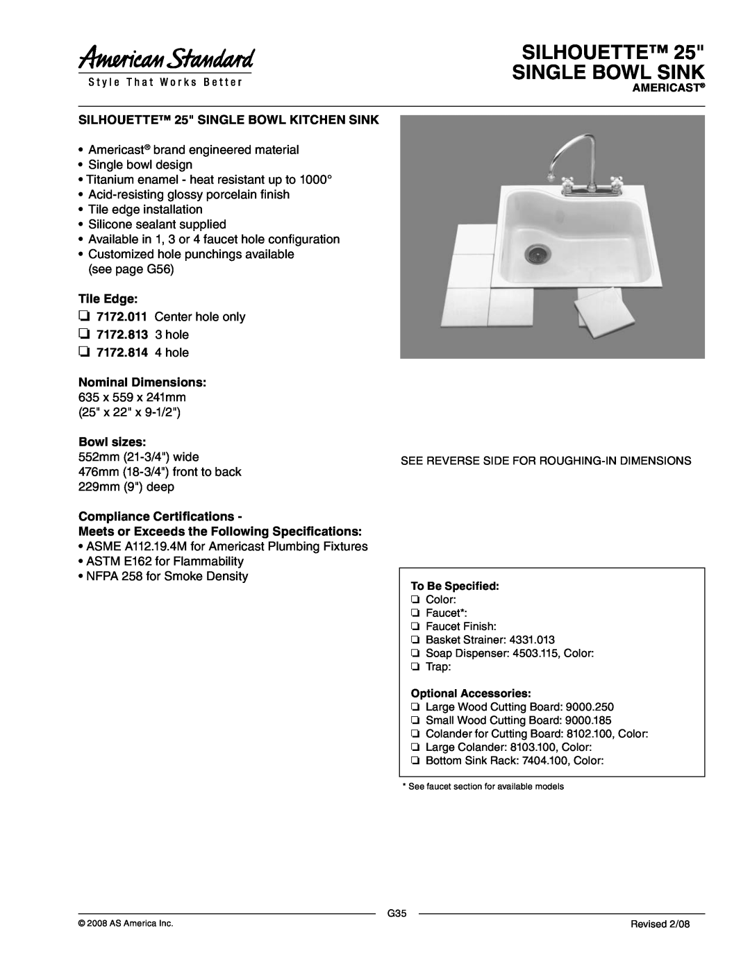 American Standard dimensions Silhouette Single Bowl Sink, SILHOUETTE 25 SINGLE BOWL KITCHEN SINK, Tile Edge, Bowl sizes 