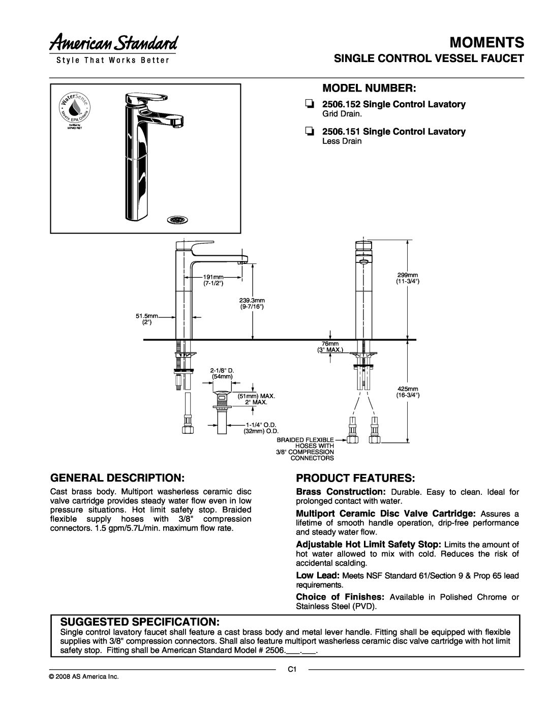 American Standard 2506.152 specifications Moments, Single Control Vessel Faucet Model Number, General Description 