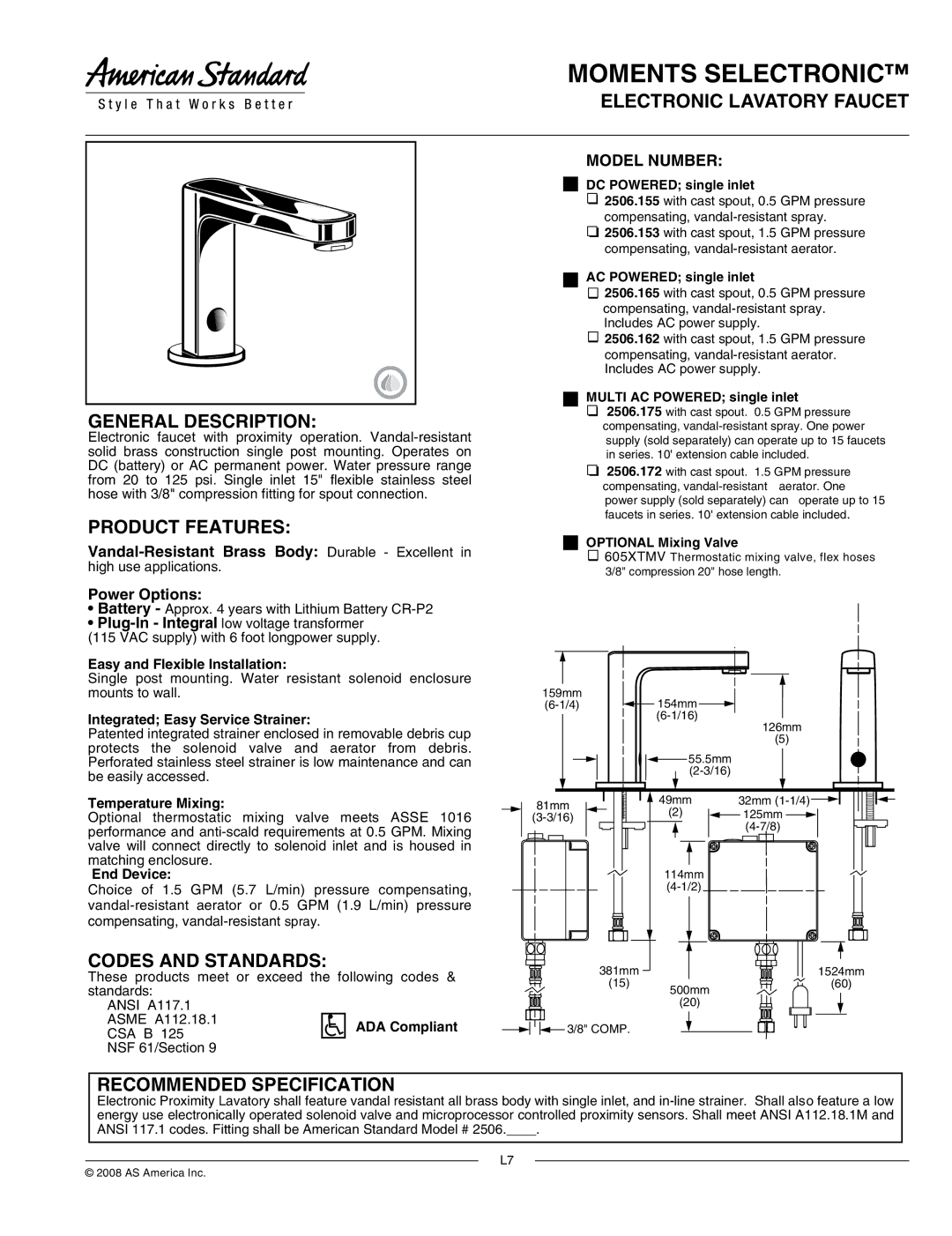 American Standard 2506.175 manual Electronic Lavatory Faucet General Description, Product Features, Codes and Standards 