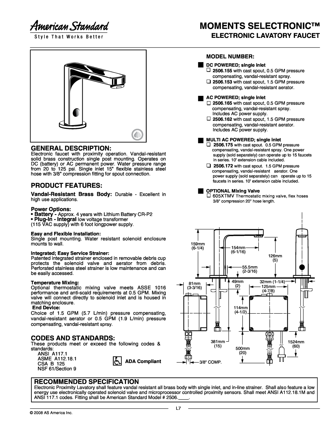 American Standard 2506.175 manual Moments Selectronic, Electronic Lavatory Faucet, General Description, Product Features 