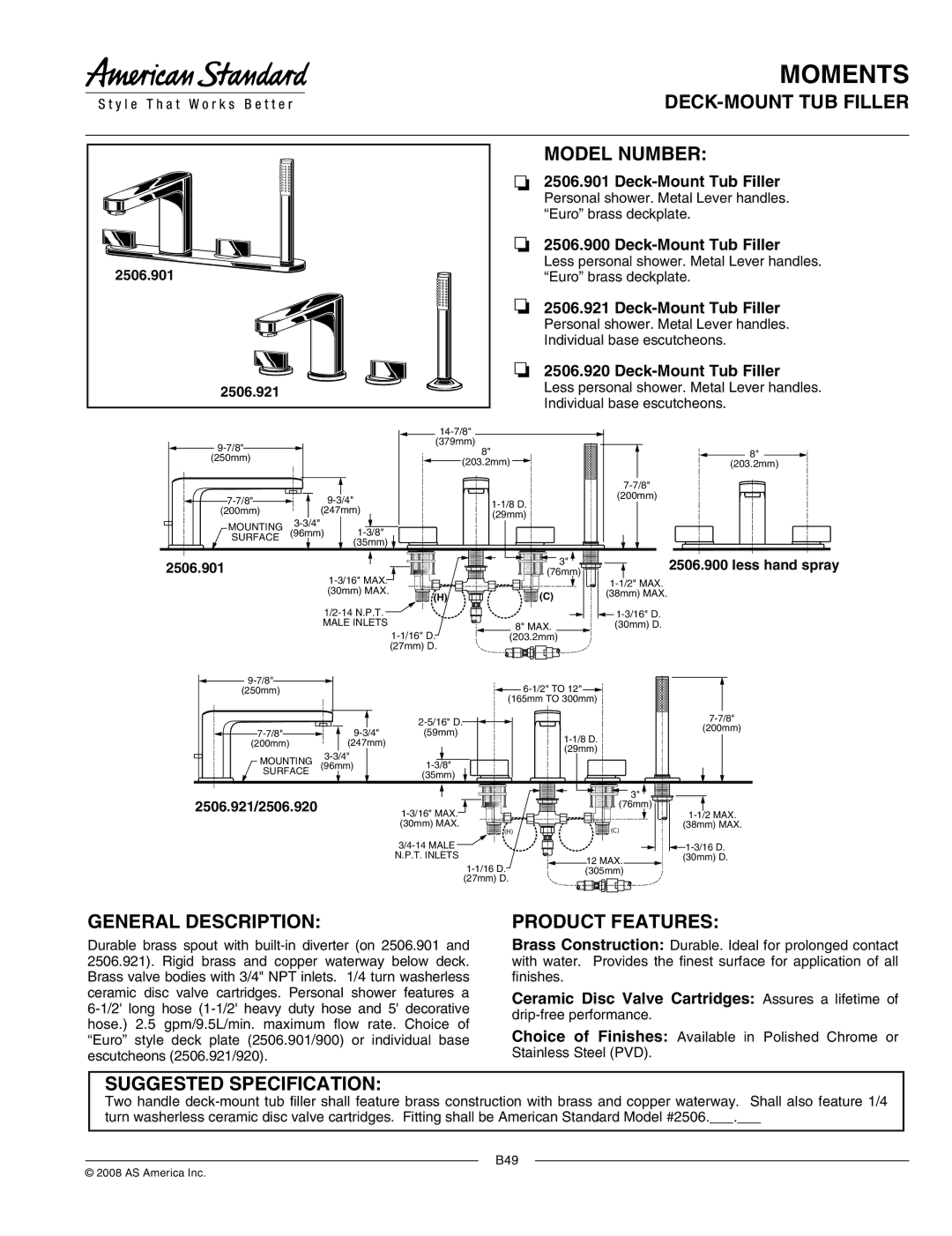 American Standard 2506.920, 2506.921 manual DECK-MOUNT TUB Filler, Model Number, General Description, Product Features 