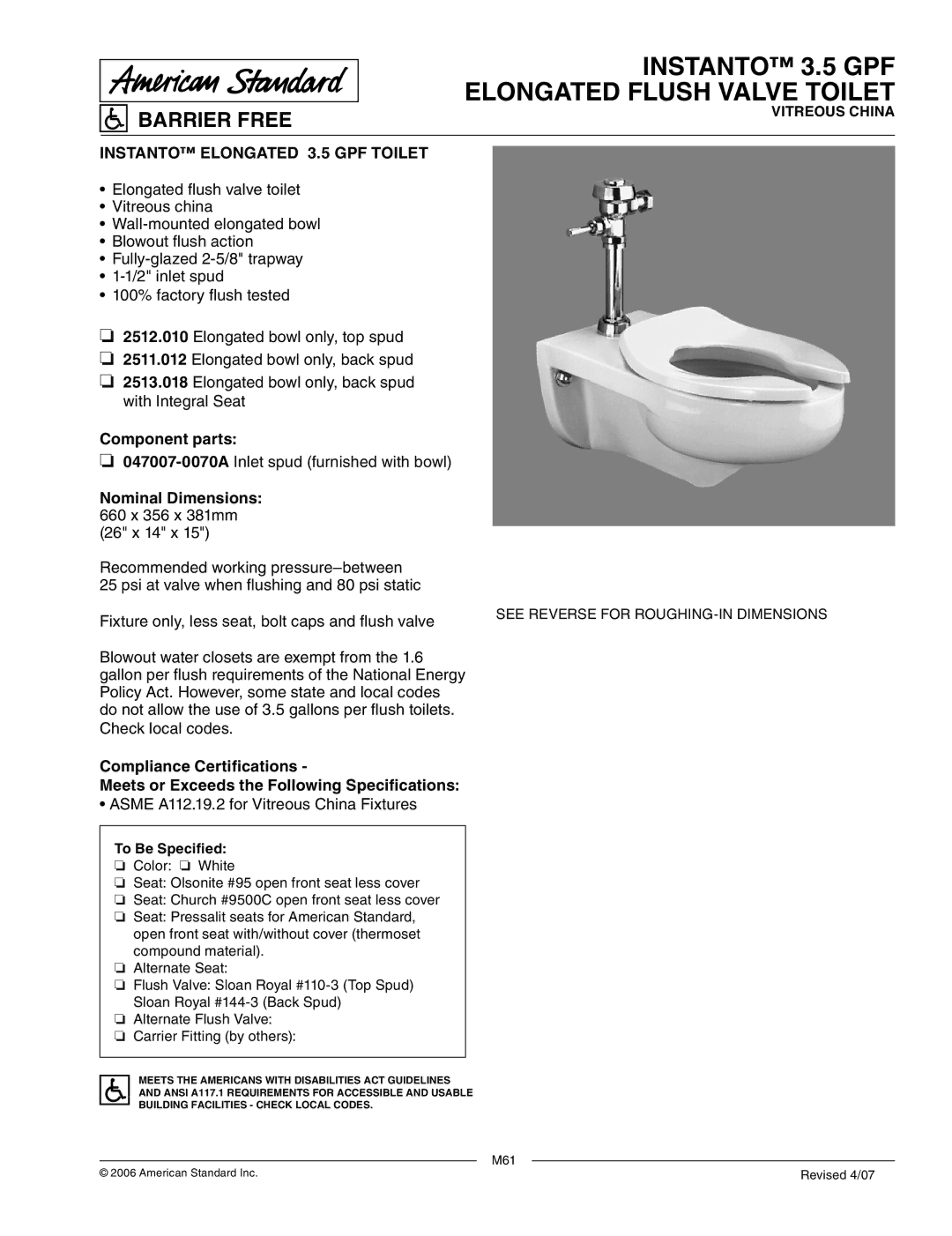 American Standard 2513.018 dimensions Instanto 3.5 GPF Elongated Flush Valve Toilet, Barrier Free, Component parts 