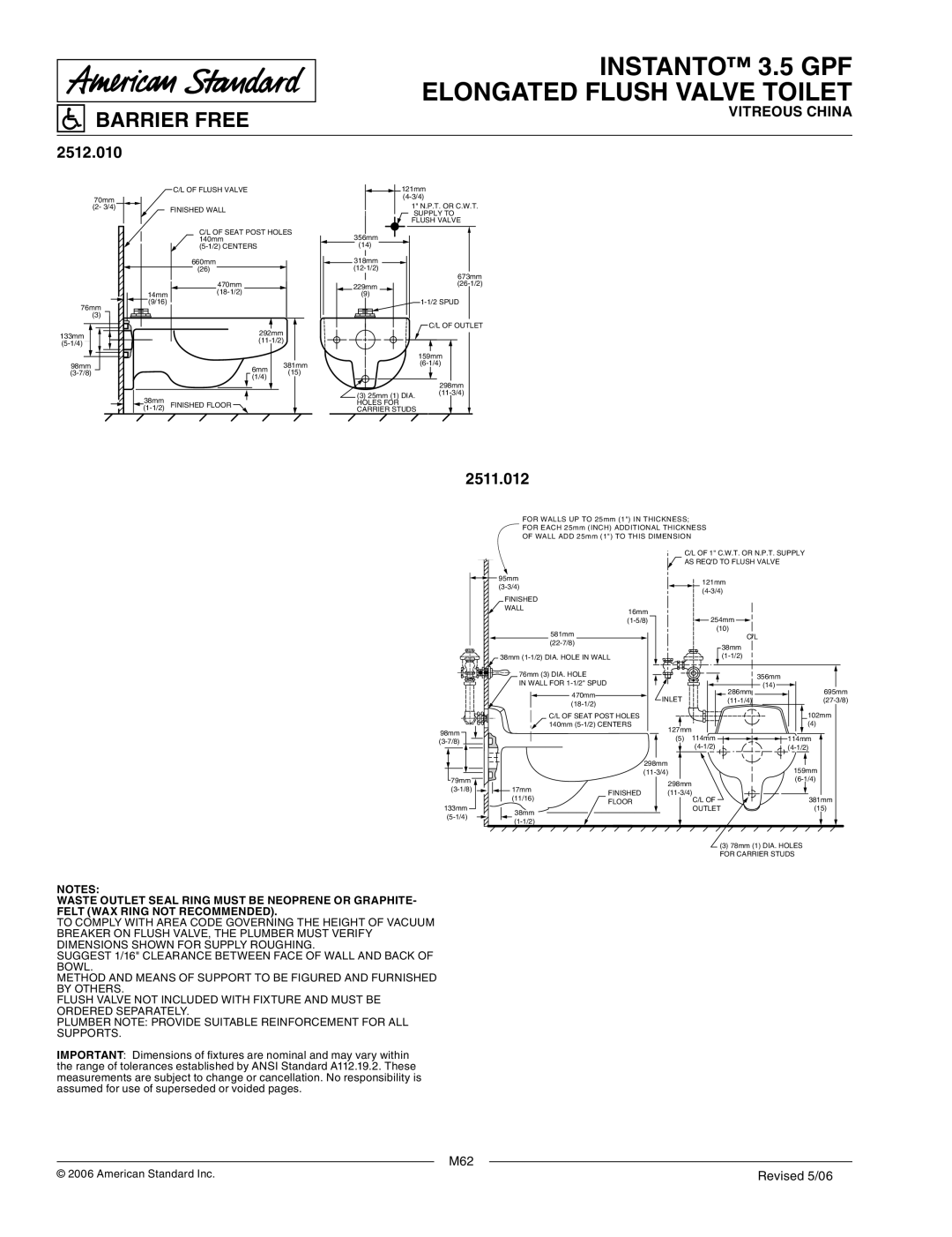 American Standard 2513.018 dimensions 2512.010, 2511.012 