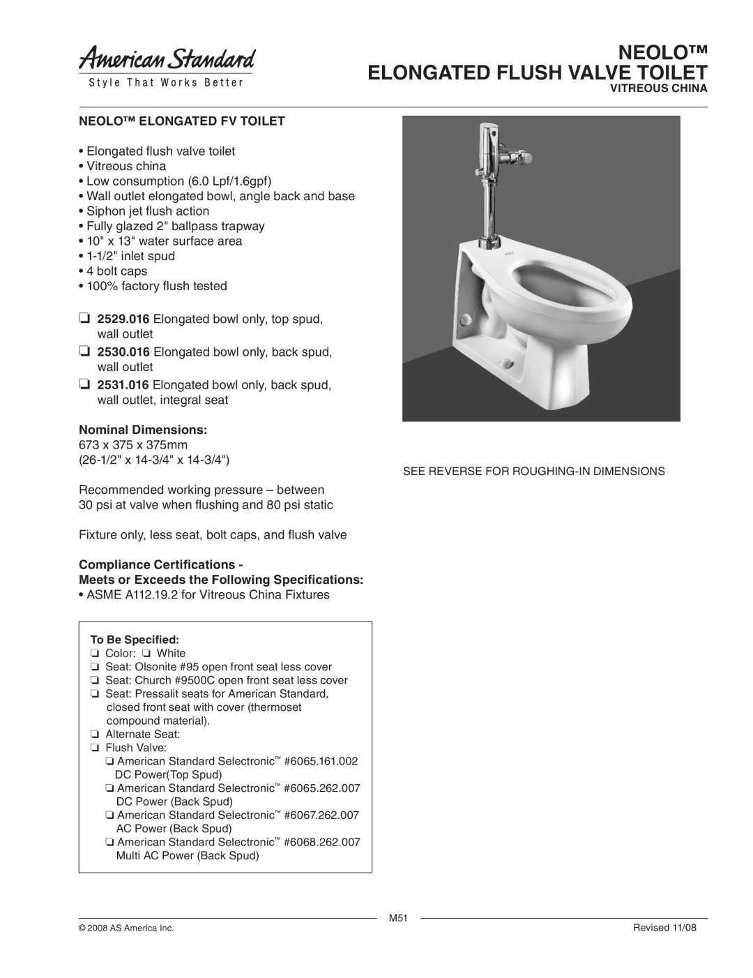 American Standard 2531.016 dimensions Neolo Elongated Flush Valve Toilet, Neolo Elongated FV Toilet, Nominal Dimensions 