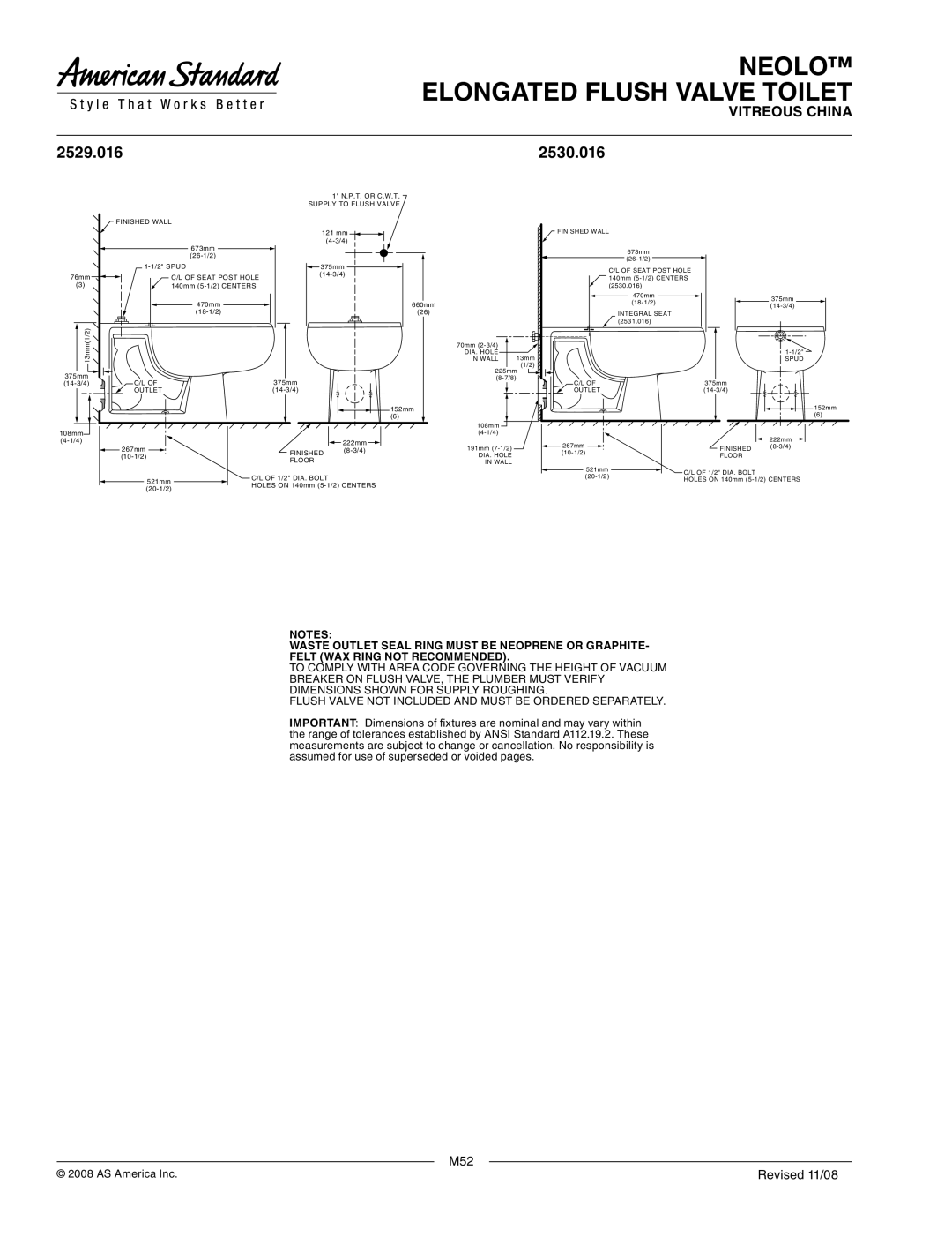 American Standard 2530.016, 2531.016 dimensions 2529.016 