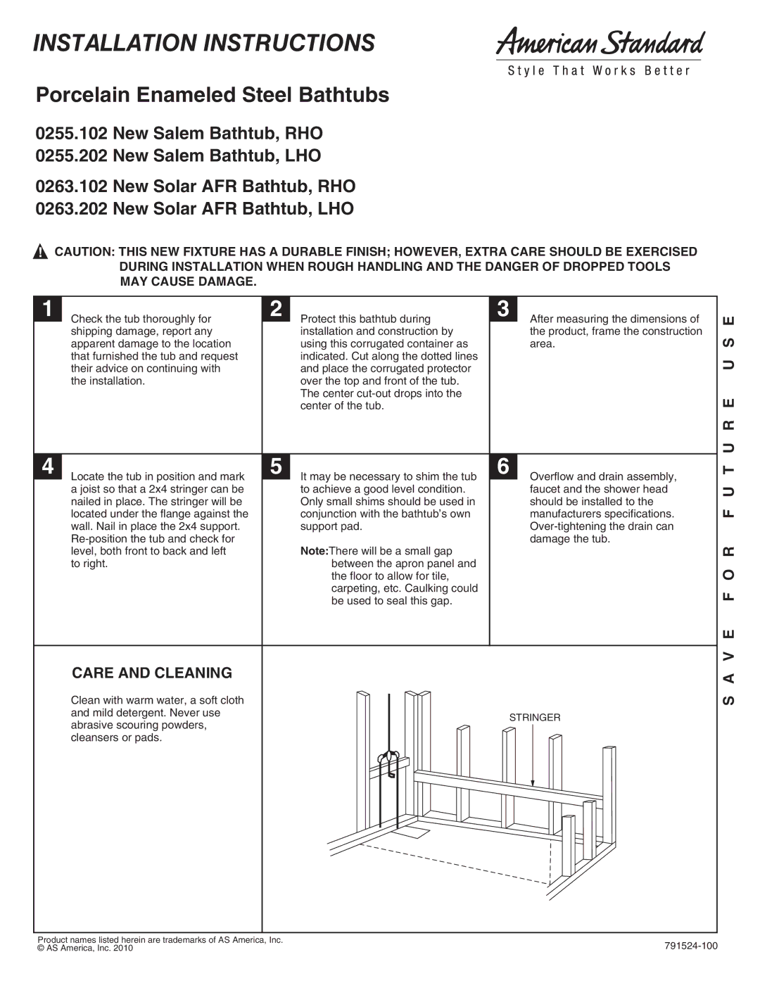 American Standard 255.102 installation instructions Installation Instructions, Porcelain Enameled Steel Bathtubs 