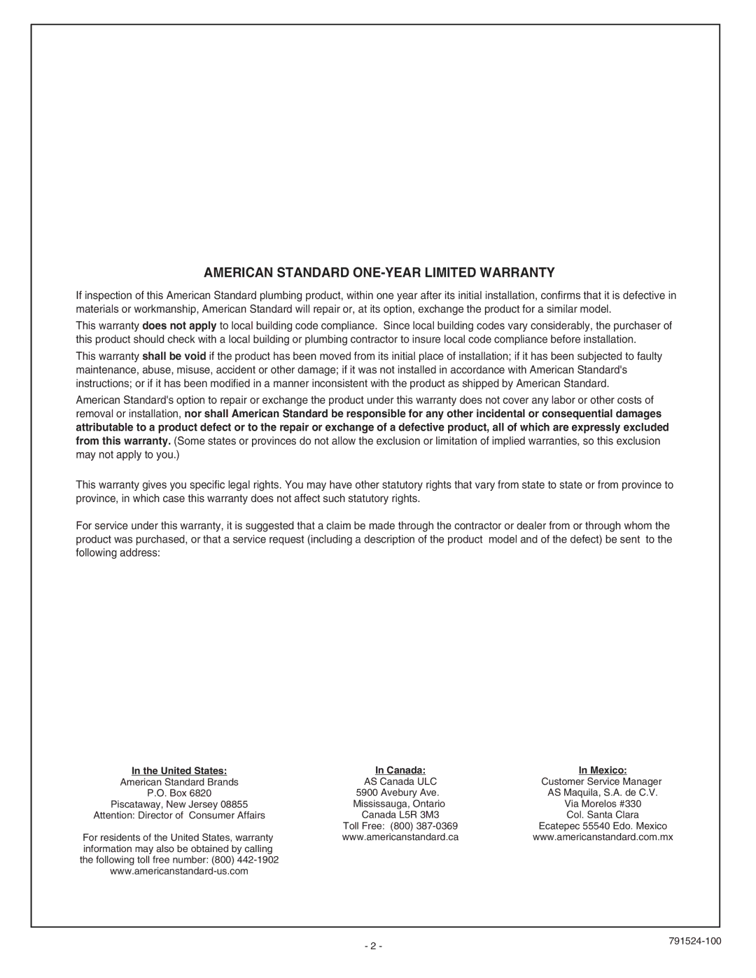 American Standard 255.102 installation instructions American Standard ONE-YEAR Limited Warranty 