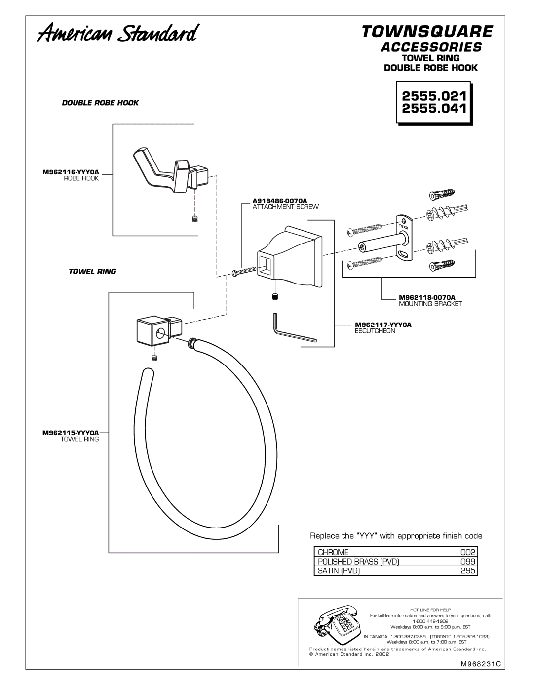 American Standard manual Townsquare, Accessories, 2555.021 2555.041 