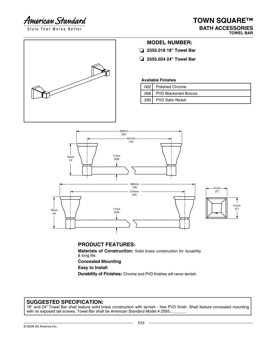 American Standard 2555.018 18, 2555.024 24 manual Town Square, Bath Accessories, Model Number, Product Features 