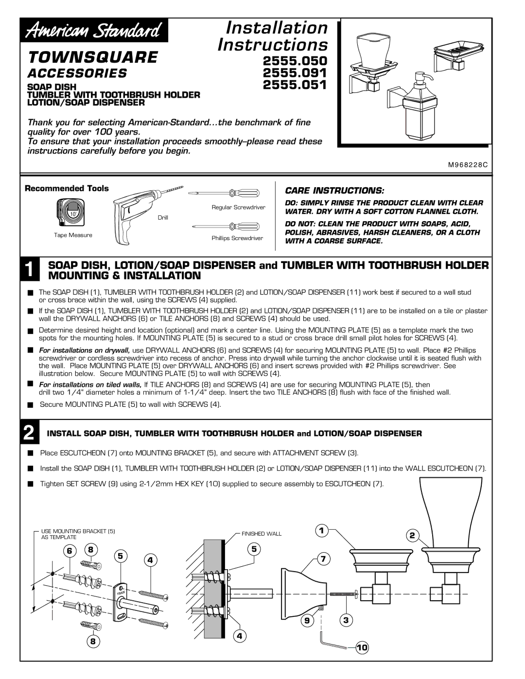 American Standard 2555.051 installation instructions 2555.050, 2555.091 