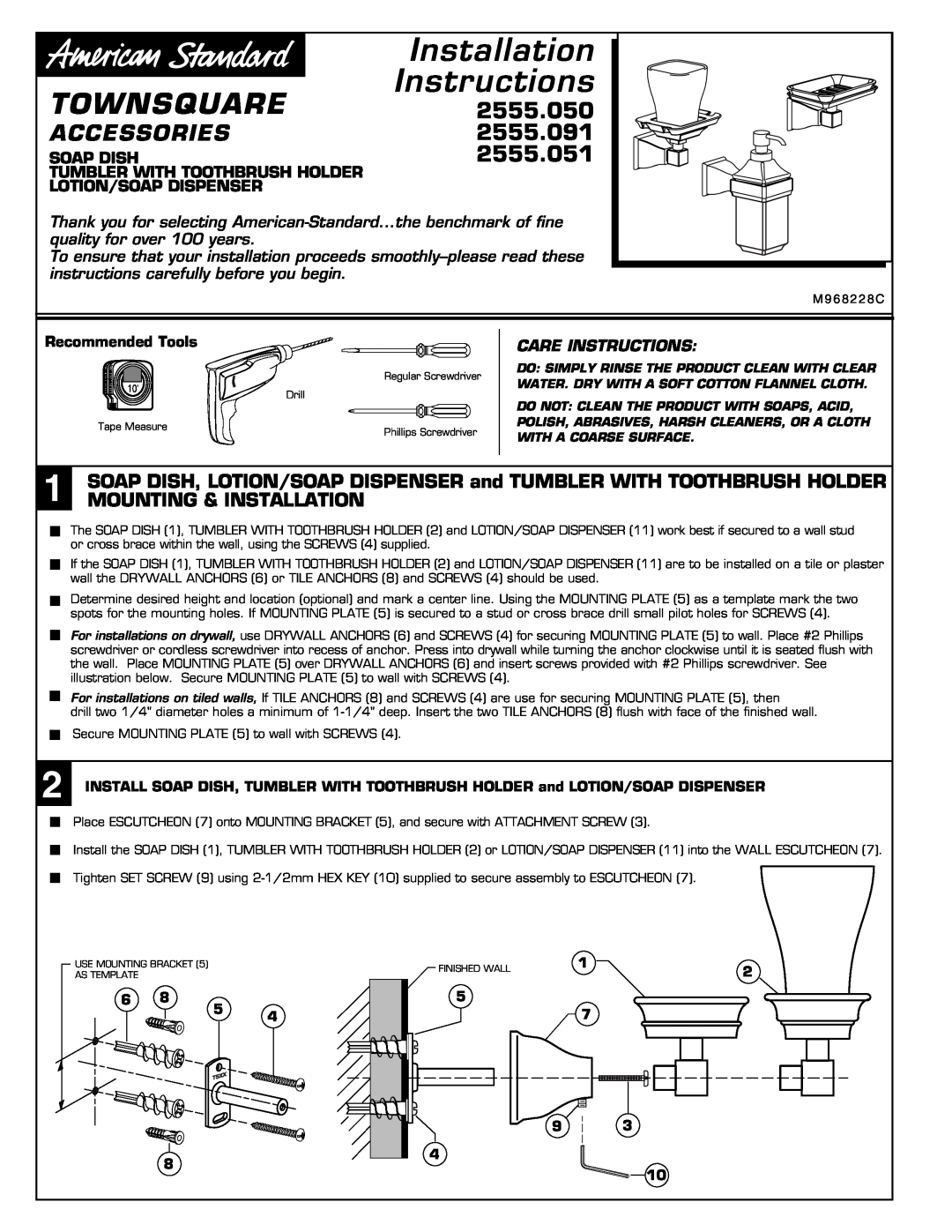 American Standard 2555.051 installation instructions Townsquare, 2555.050, Accessories, 2555.091, Soap Dish, Installation 