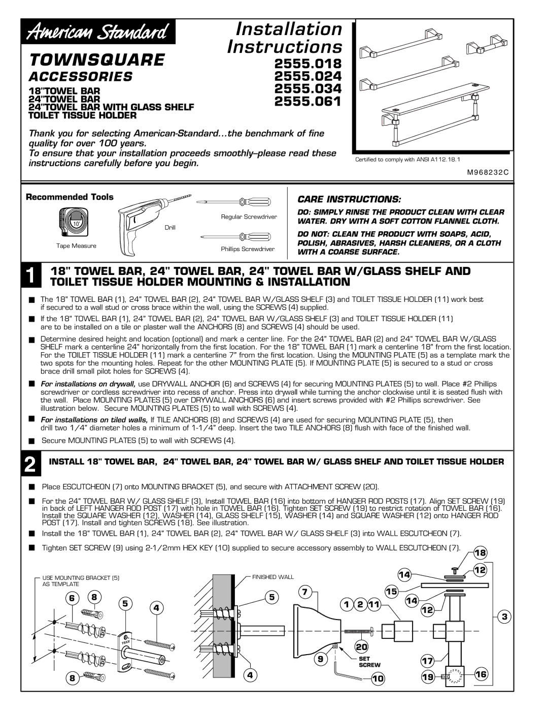 American Standard installation instructions 2555.018 2555.024 2555.034 2555.061 