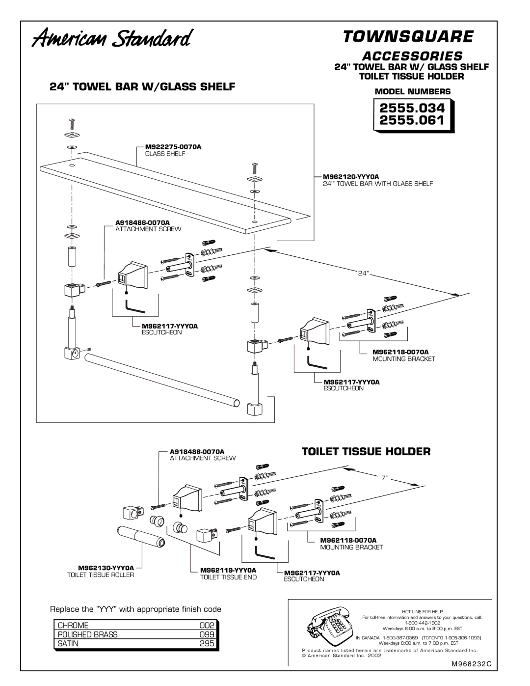 American Standard 2555.034 2555.061, Towel BAR W/GLASS Shelf, Toilet Tissue Holder, Model Numbers 