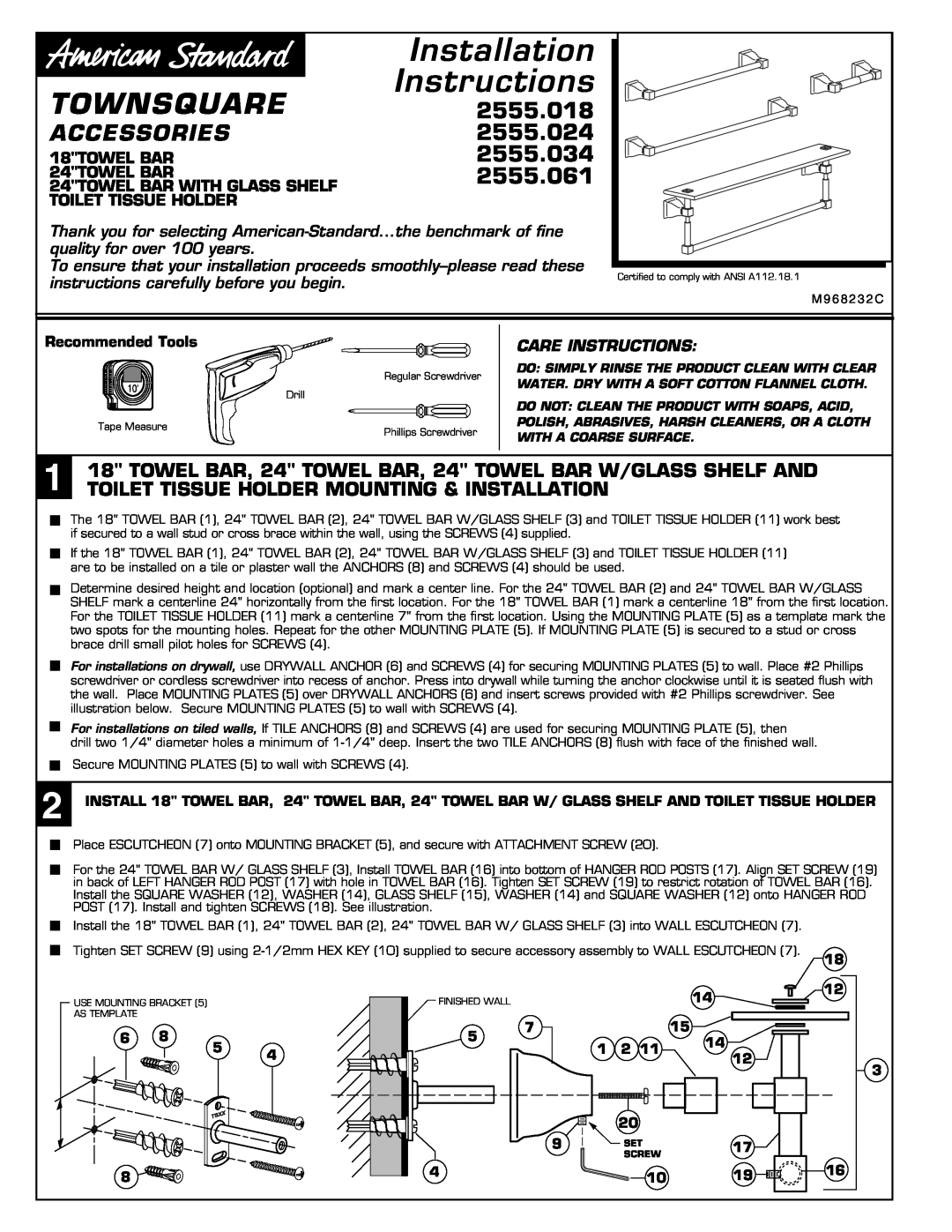 American Standard 2555.034, 2555.061 installation instructions Townsquare, Accessories, 2555.018, 18TOWEL BAR 24TOWEL BAR 
