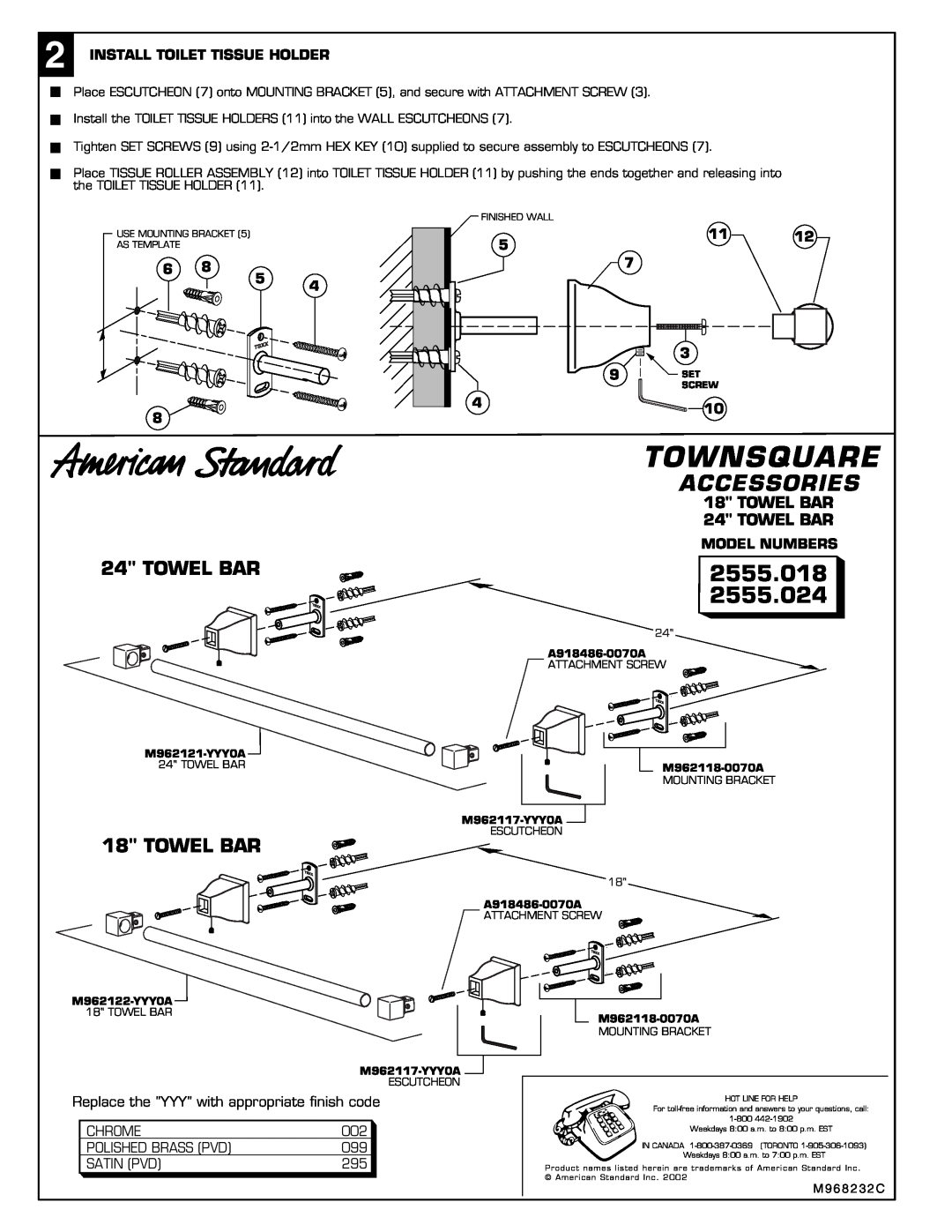 American Standard 2555.061, 2555.034 2555.018, 2555.024, Towel Bar, Townsquare, Accessories, Model Numbers 