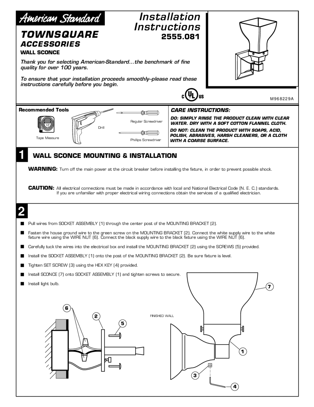 American Standard installation instructions Installation Instructions, TOWNSQUARE2555.081 