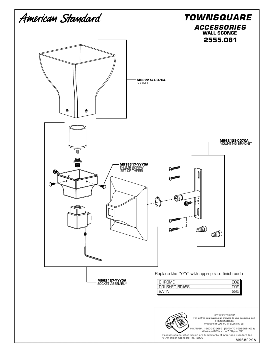 American Standard 2555.081 installation instructions Townsquare 