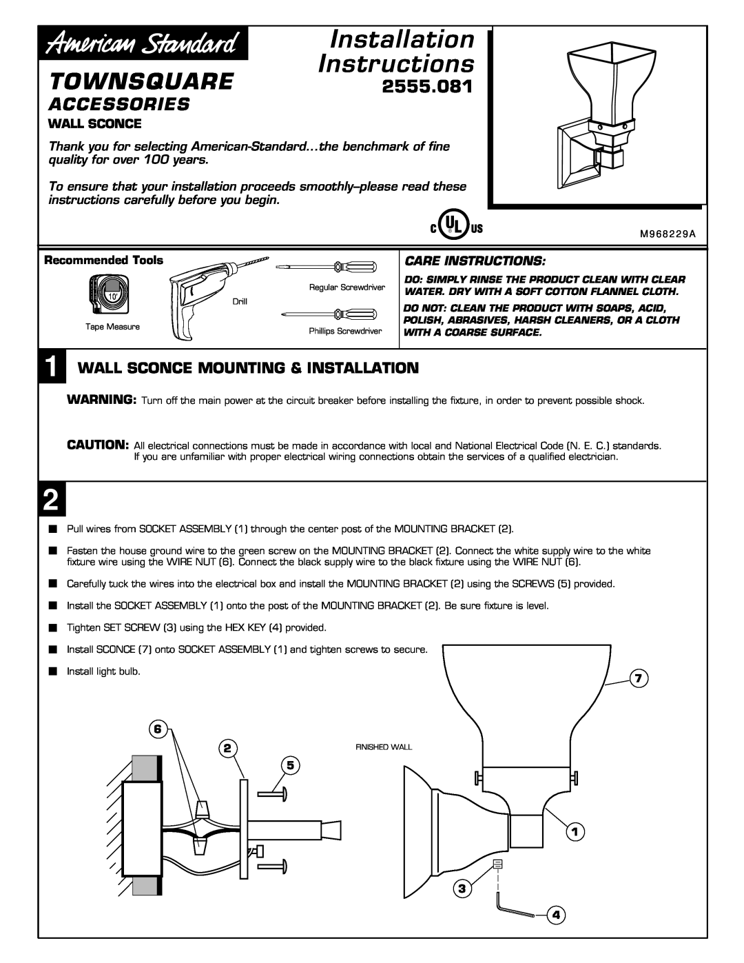 American Standard installation instructions TOWNSQUARE2555.081, Accessories, Wall Sconce, Recommended Tools 