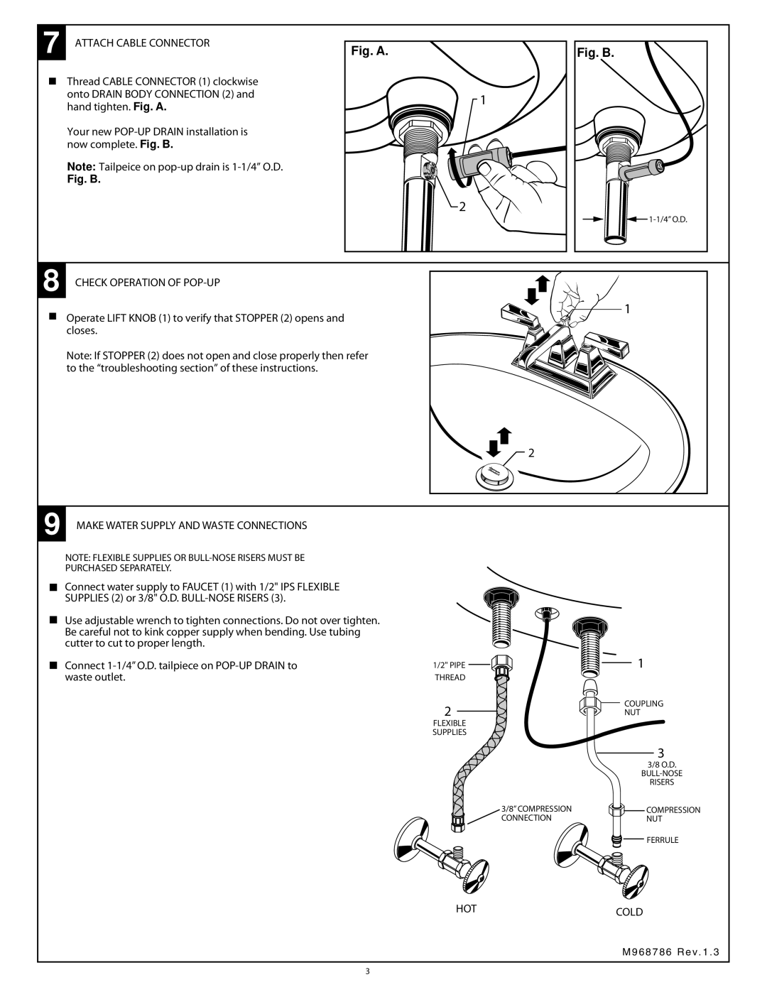 American Standard 2555.201 Attach Cable Connector, Check Operation of POP-UP, Make Water Supply and Waste Connections, Hot 