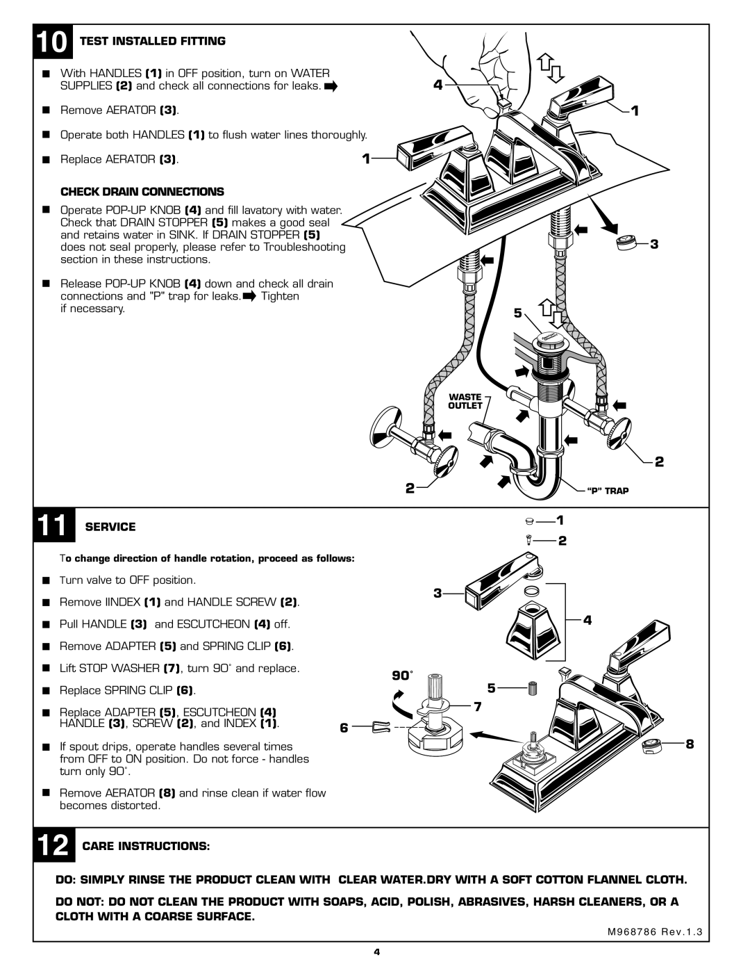 American Standard 2555.201 installation instructions Test Installed Fitting, Check Drain Connections, Service 