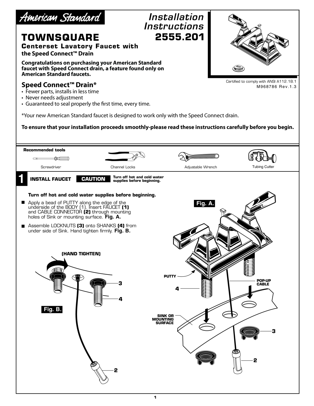 American Standard 2555.201 installation instructions Speed Connect Drain, Fig. A, Fig. B, Installation Instructions, Putty 