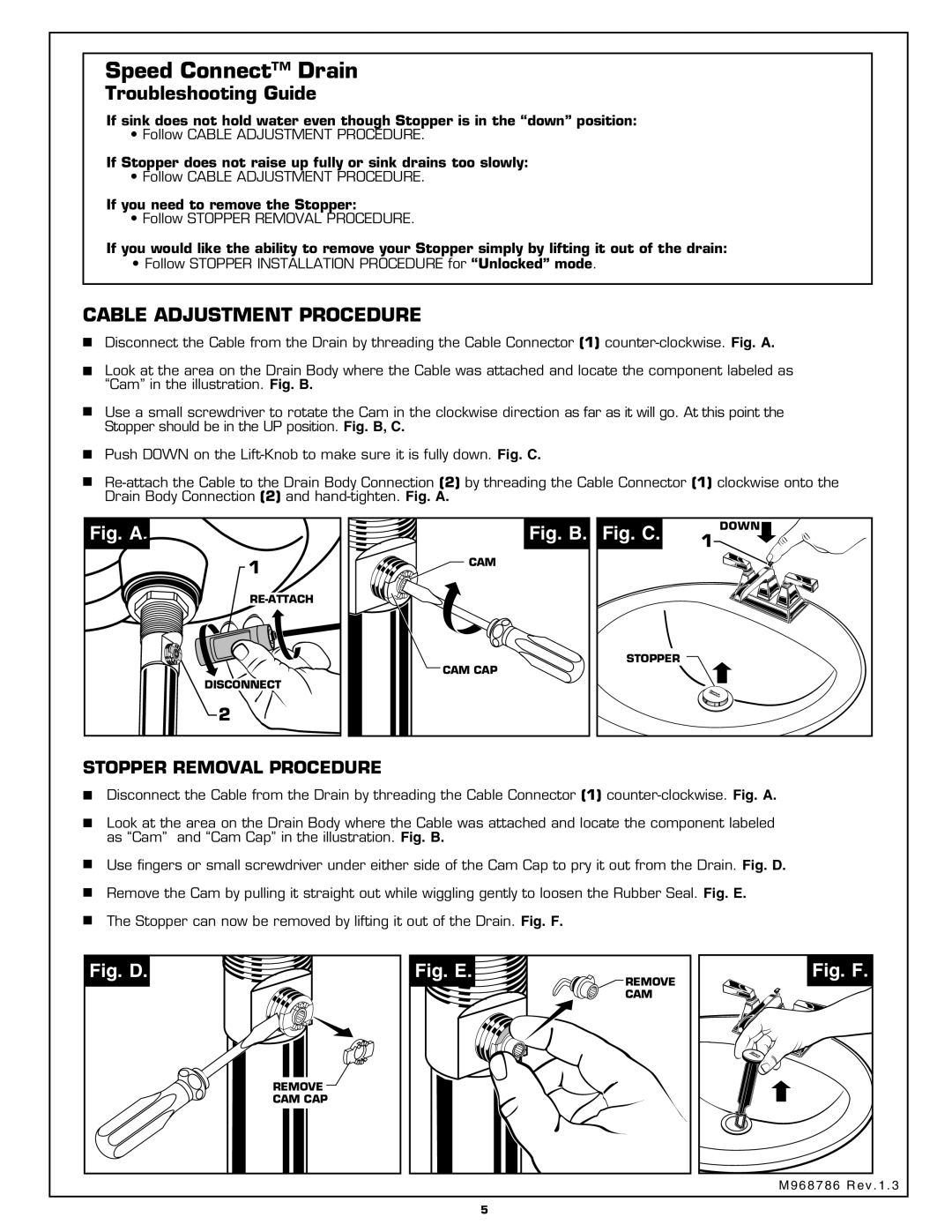 American Standard 2555.201 Troubleshooting Guide, Cable Adjustment Procedure, Fig. A, Fig. B, Fig. C, Fig. D, Fig. E 